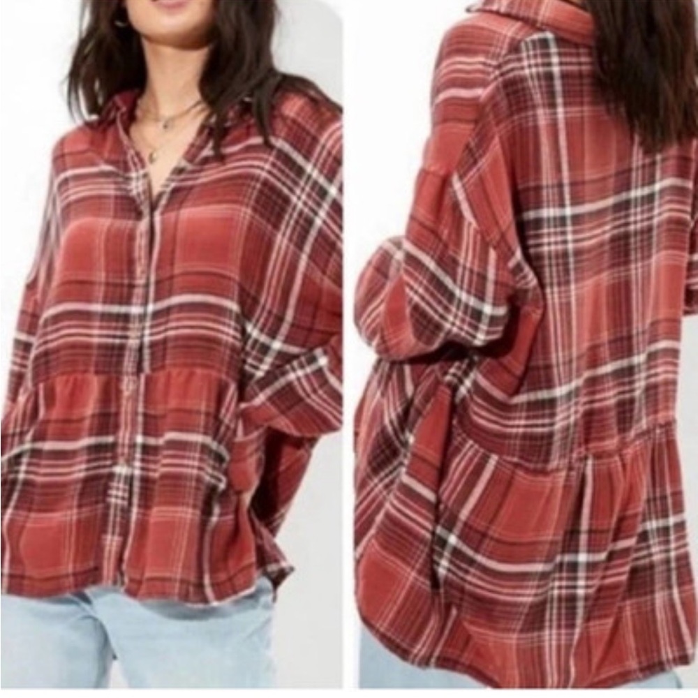 American Eagle oversized plaid peplum babydoll flannel medium